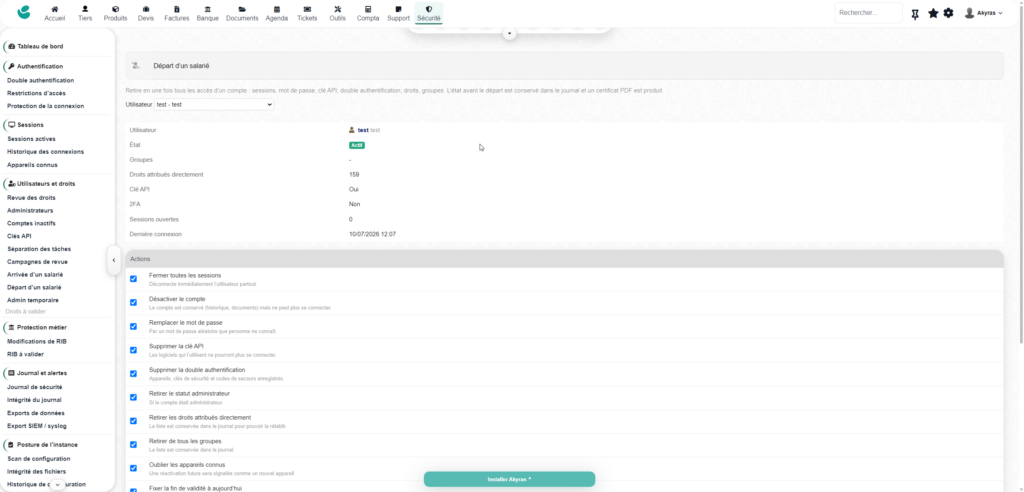 Security Suite byAkyras — 2FA, protection des RIB, contrôle des accès et audit